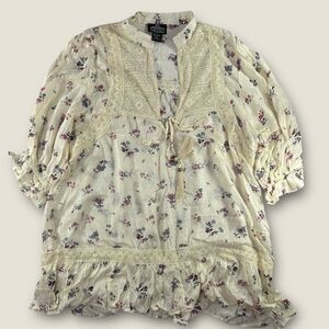 Angie Ivory Floral Blouse with Crochet Details Boho